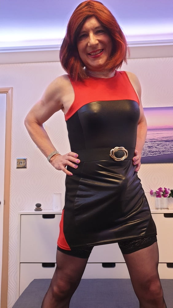 TGirl Lucy posing and playing in black and red bodycon dress #106990442