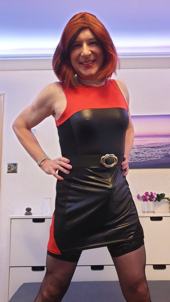 TGirl Lucy posing and playing in black and red bodycon dress #106990443