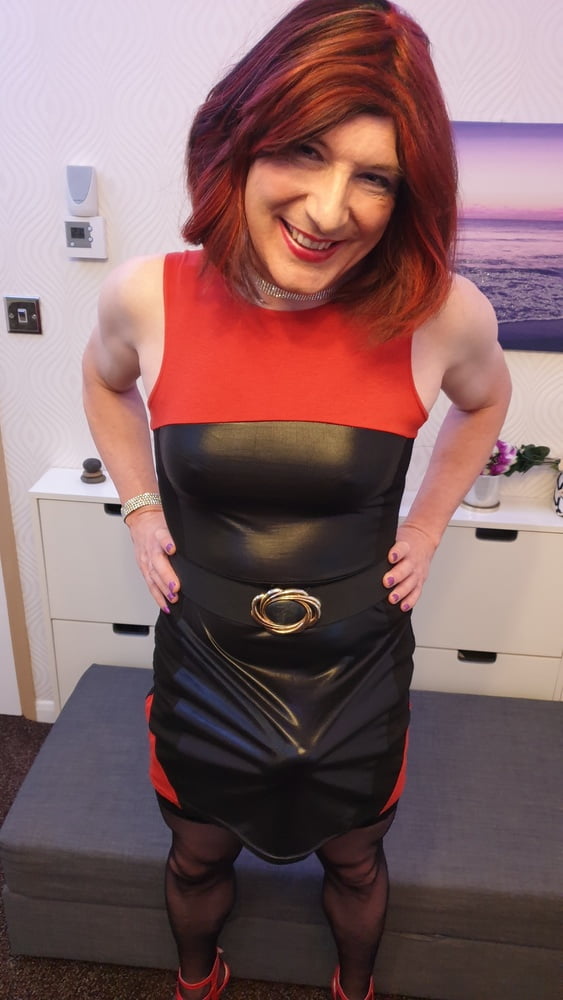 TGirl Lucy posing and playing in black and red bodycon dress #106990444