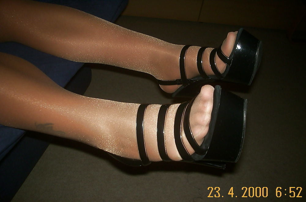 Hot Wife In Tan Stockings And Black Platform High Heels #88232289