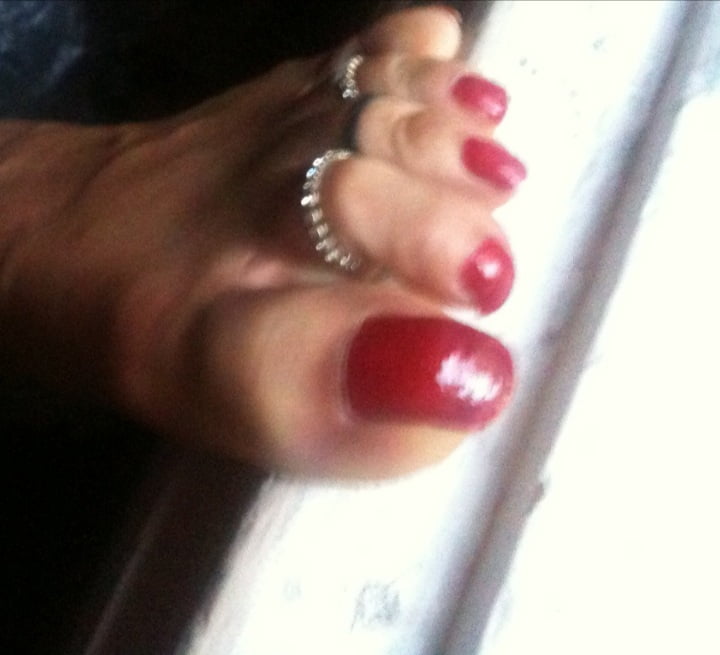 red toenails mix (older, dirty, toe ring, sandals mixed). #106916329