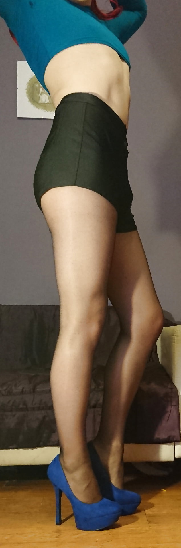Marie crossdresser in sheer pantyhose and black shorts #106967127