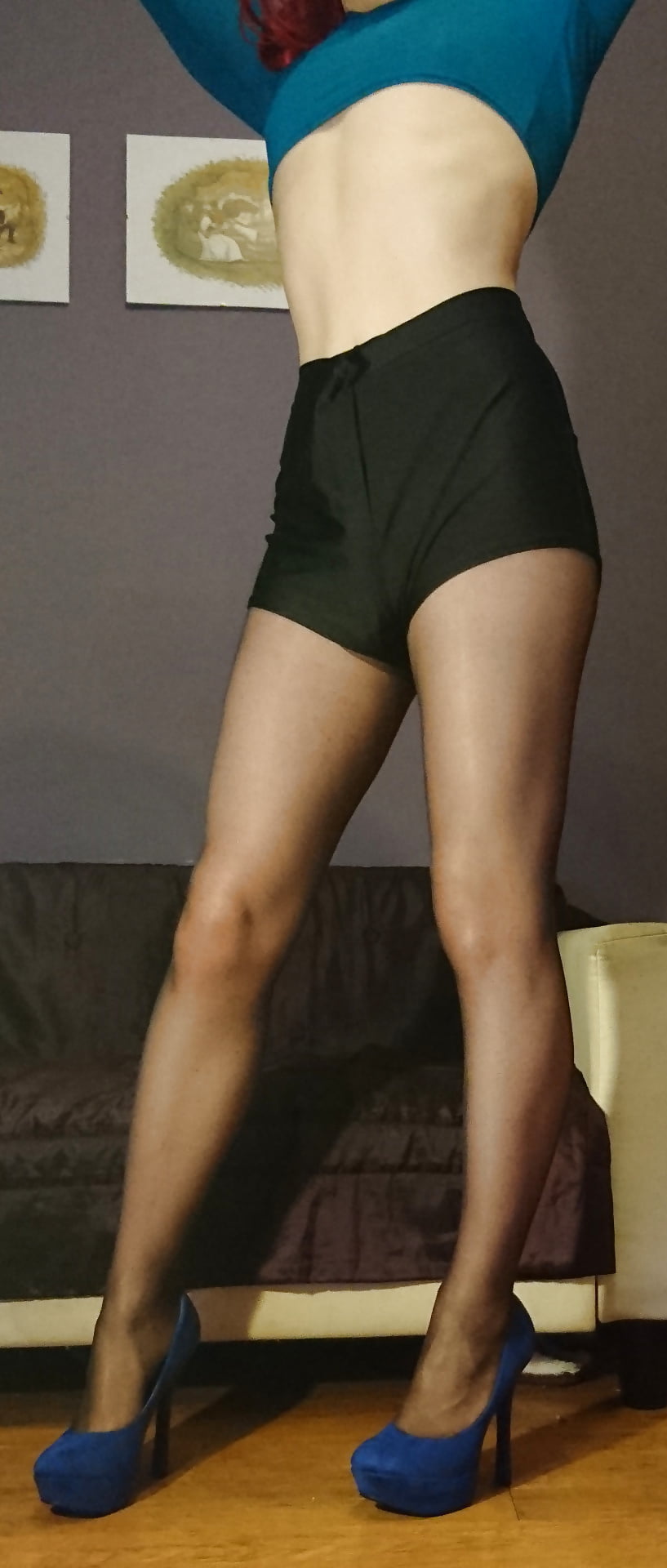 Marie crossdresser in sheer pantyhose and black shorts #106967137