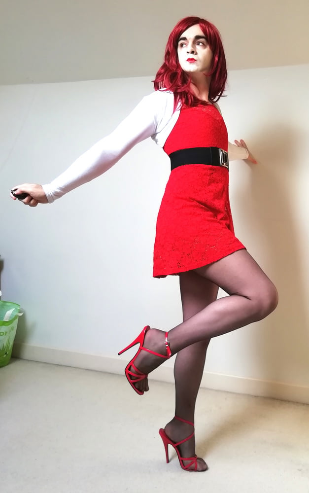 Marie crossdresser in red dress and super sheer pantyhose #106938229