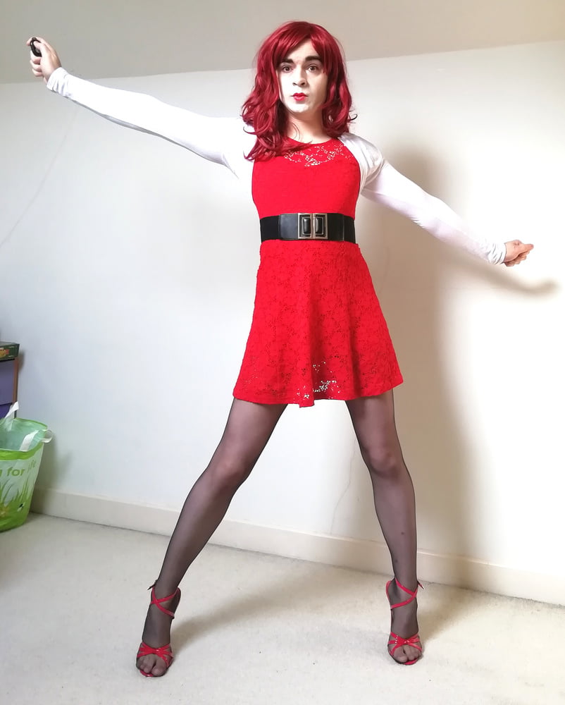 Marie crossdresser in red dress and super sheer pantyhose #106938230
