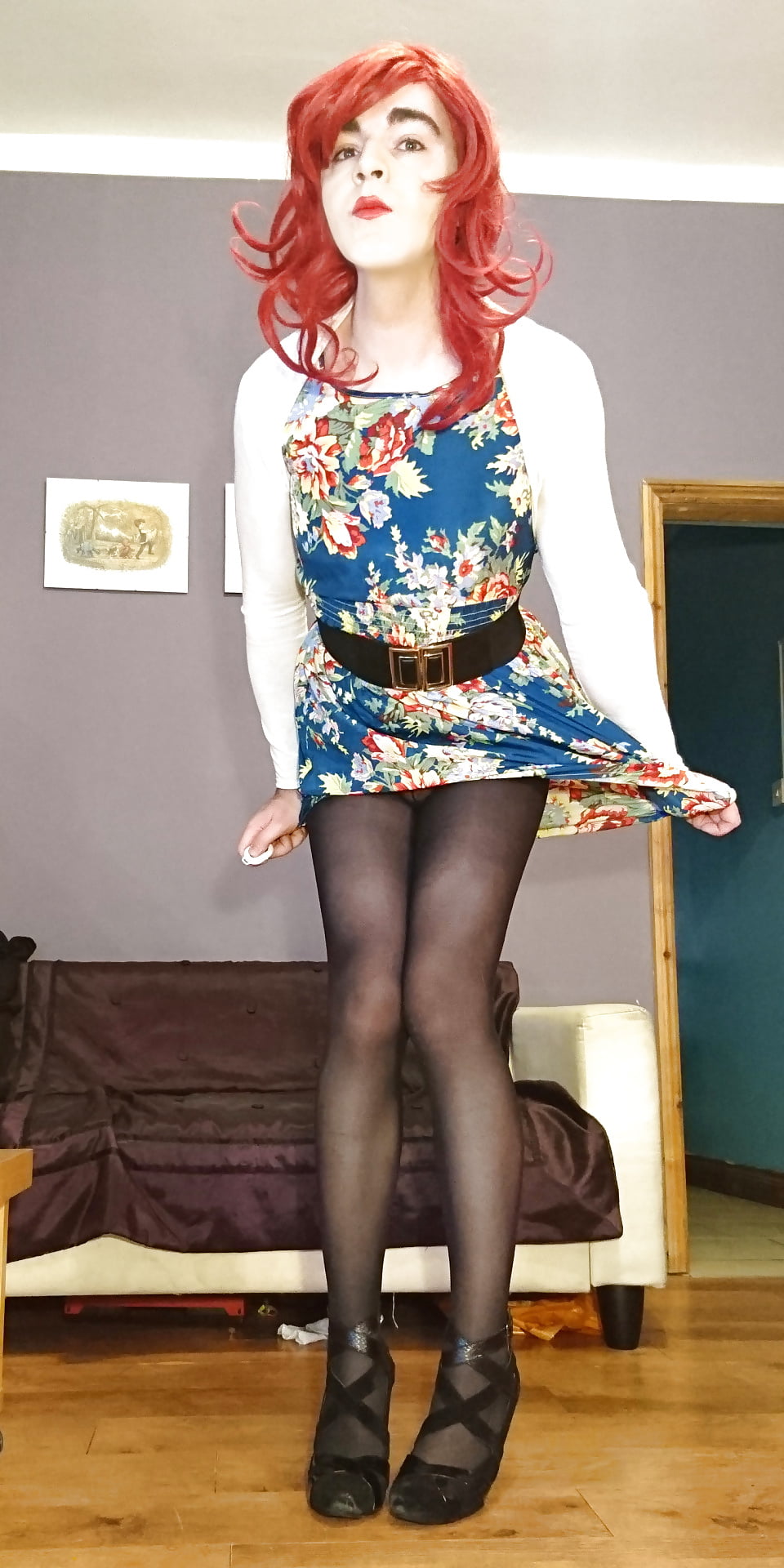 Marie Crossdresser In Opaque Pantyhose And Floral Dress