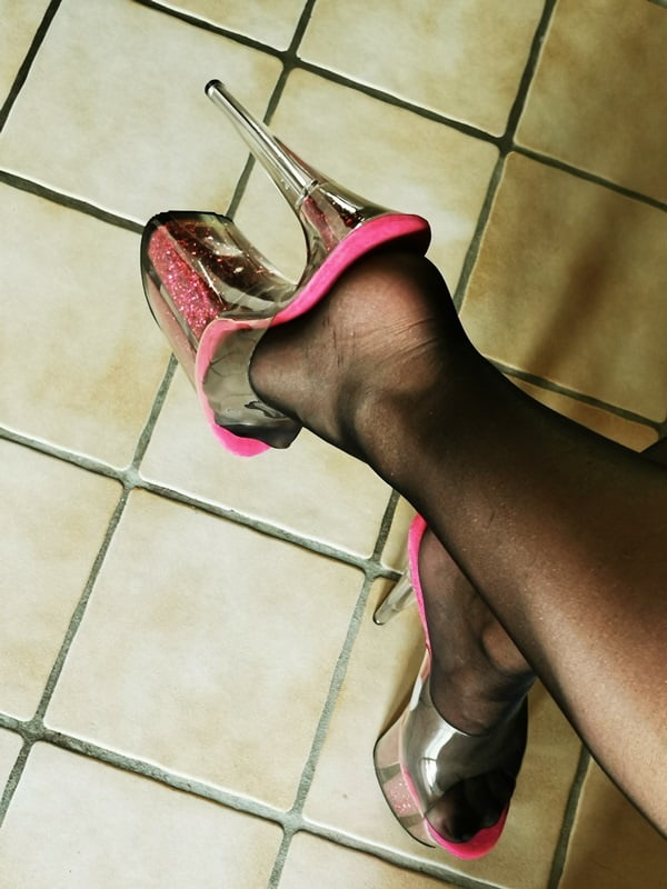 Pleaser Flamingo Pink Glitter Heels++Hold-Up Nylon Stockings #107297955