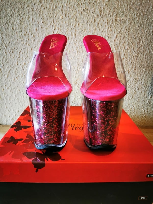 Pleaser Flamingo Pink Glitter Heels++Hold-Up Nylon Stockings #107297974