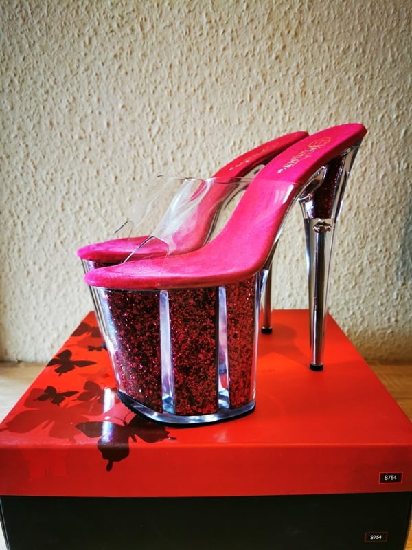 Pleaser Flamingo Pink Glitter Heels++Hold-Up Nylon Stockings #107297976