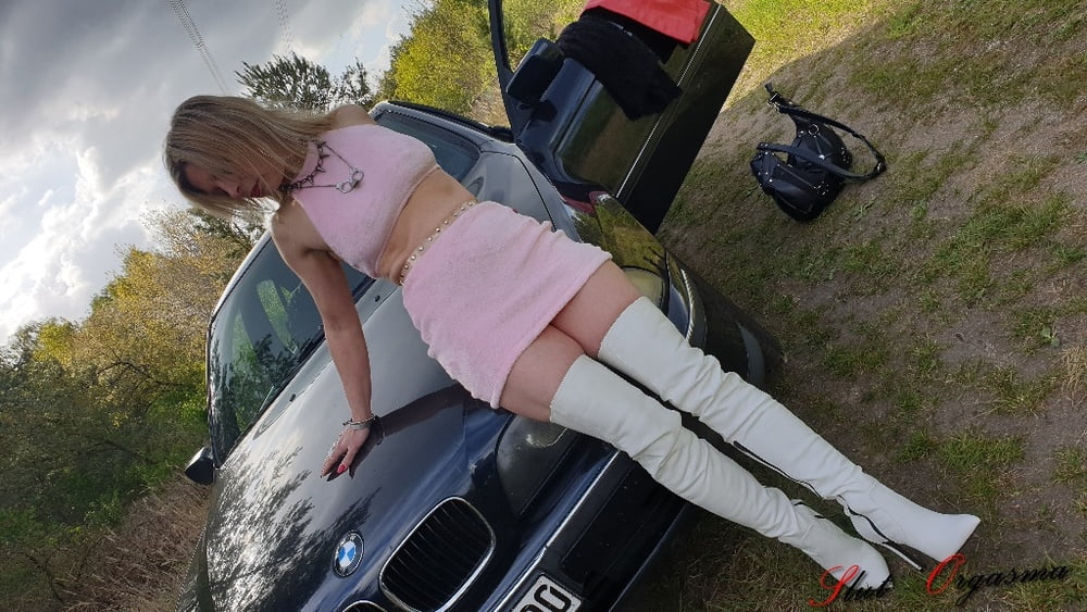 Slut-Orgasma Celeste outside on her car masturbating in pink #107002729