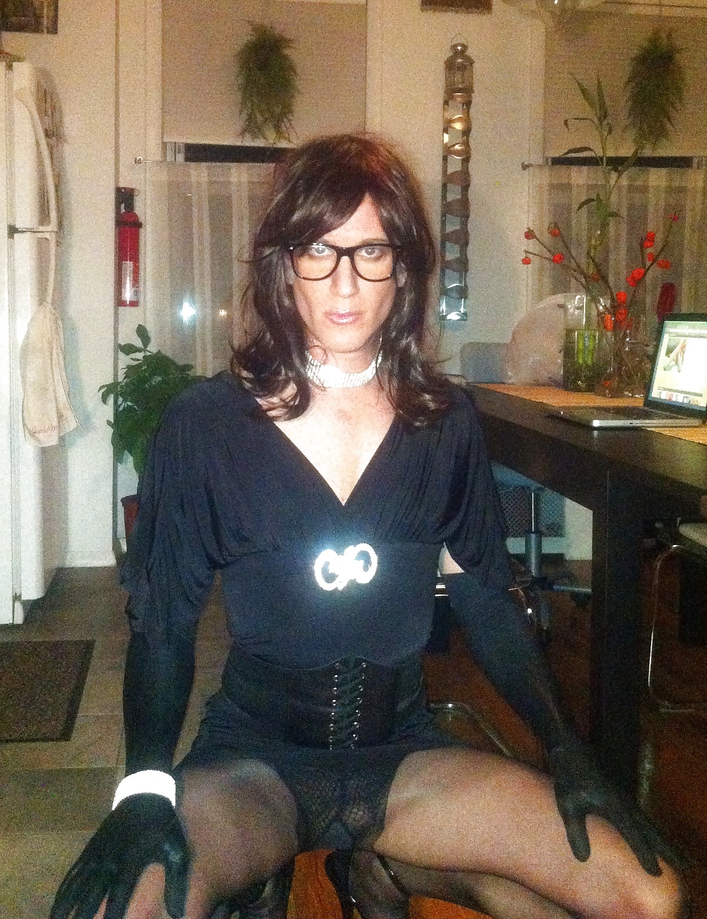 Crossdresser in black party dress, seamed pantyhose #106994085