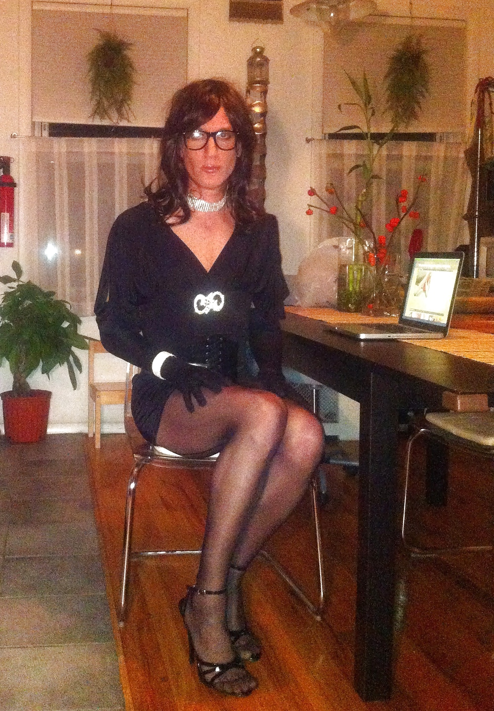 Crossdresser in black party dress, seamed pantyhose #106994086