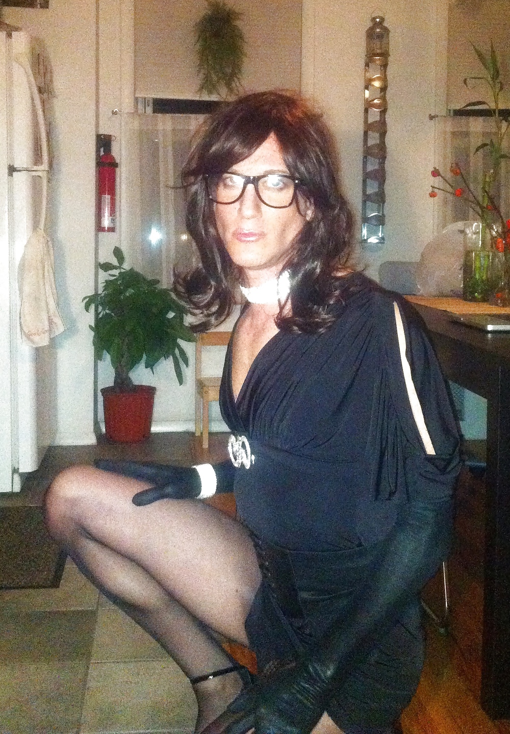 Crossdresser in black party dress, seamed pantyhose #106994088