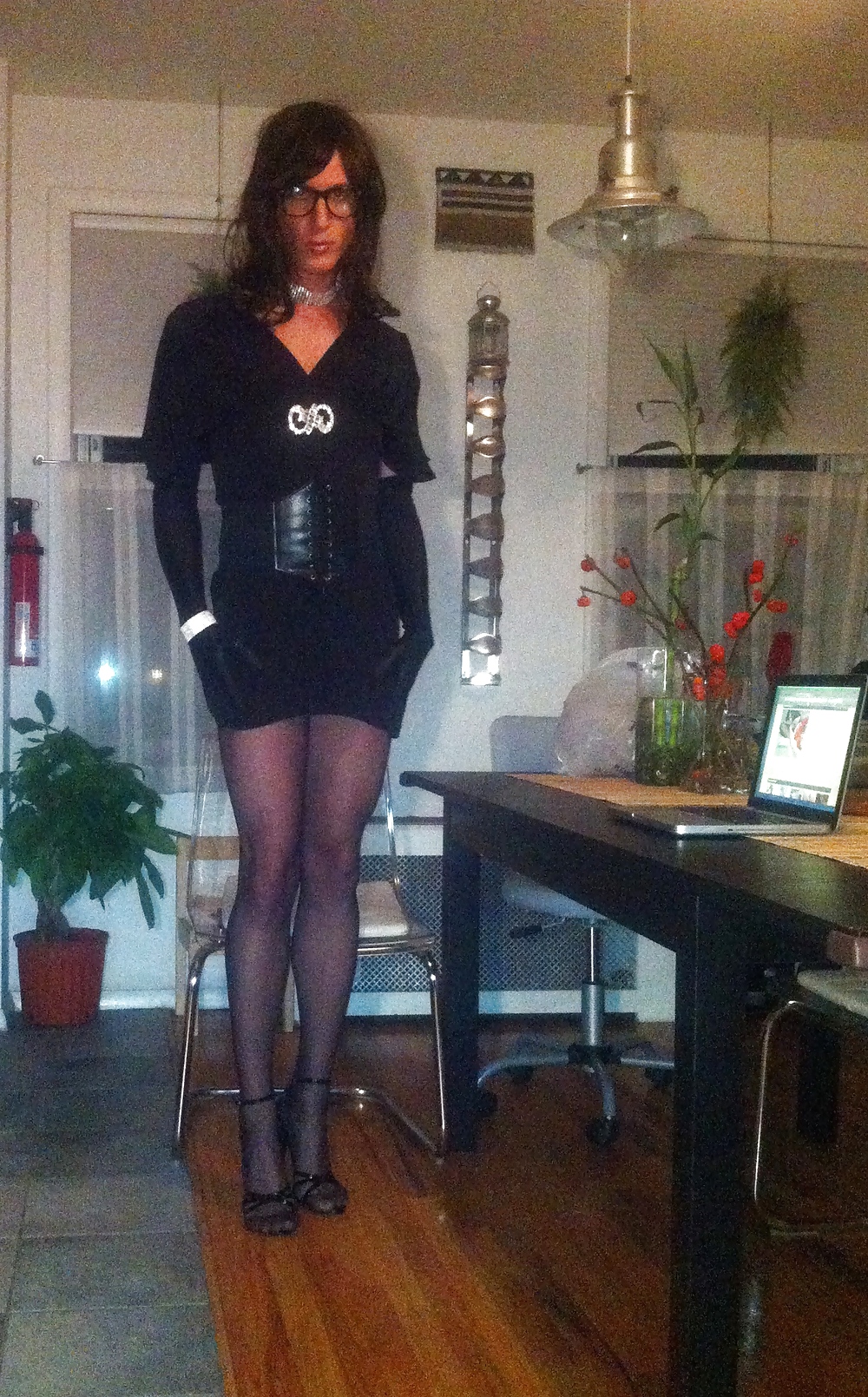 Crossdresser in black party dress, seamed pantyhose #106994090