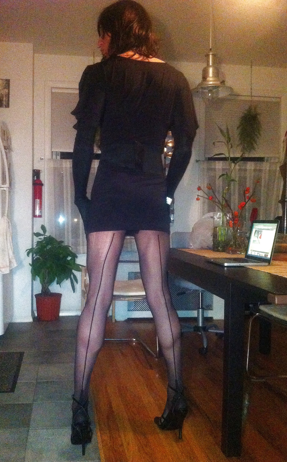 Crossdresser in black party dress, seamed pantyhose #106994091