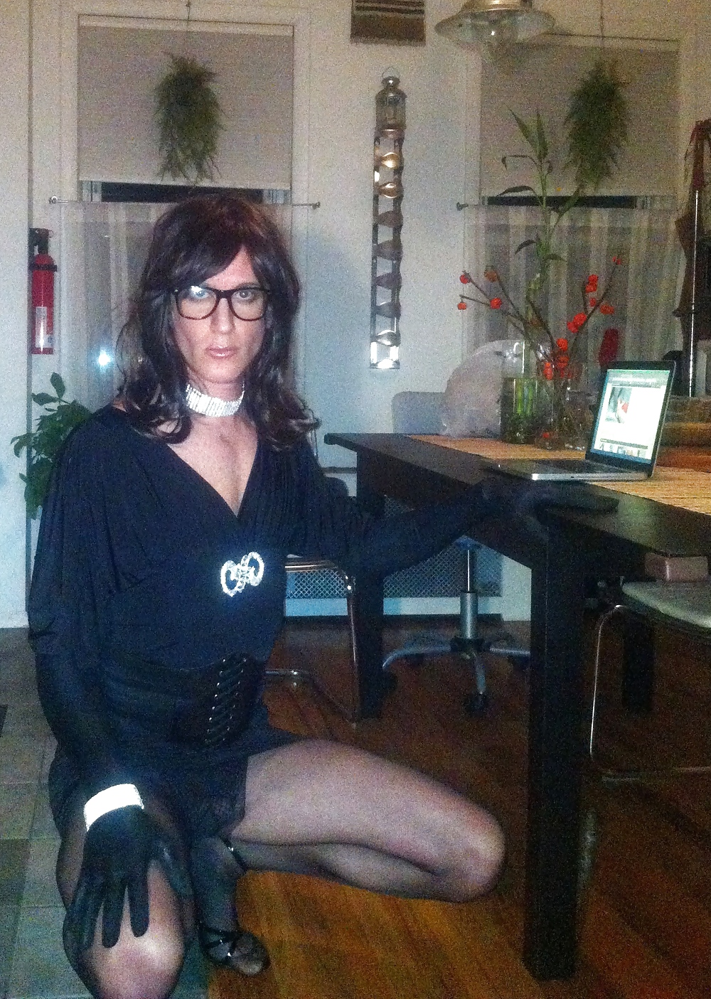 Crossdresser in black party dress, seamed pantyhose #106994093