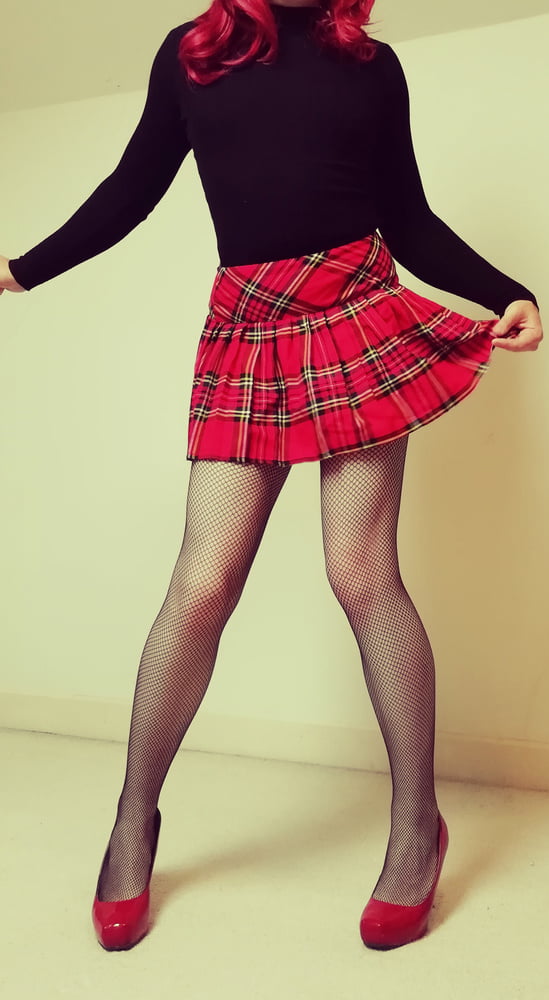 Marie crossdresser in fishnet pantyhose and tartan skirt #106976673