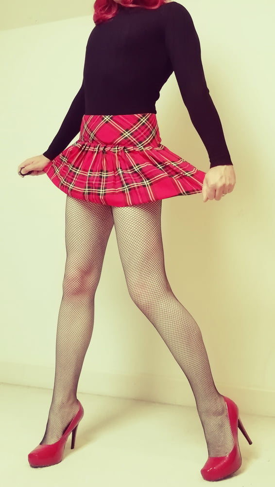 Marie crossdresser in fishnet pantyhose and tartan skirt #106976675