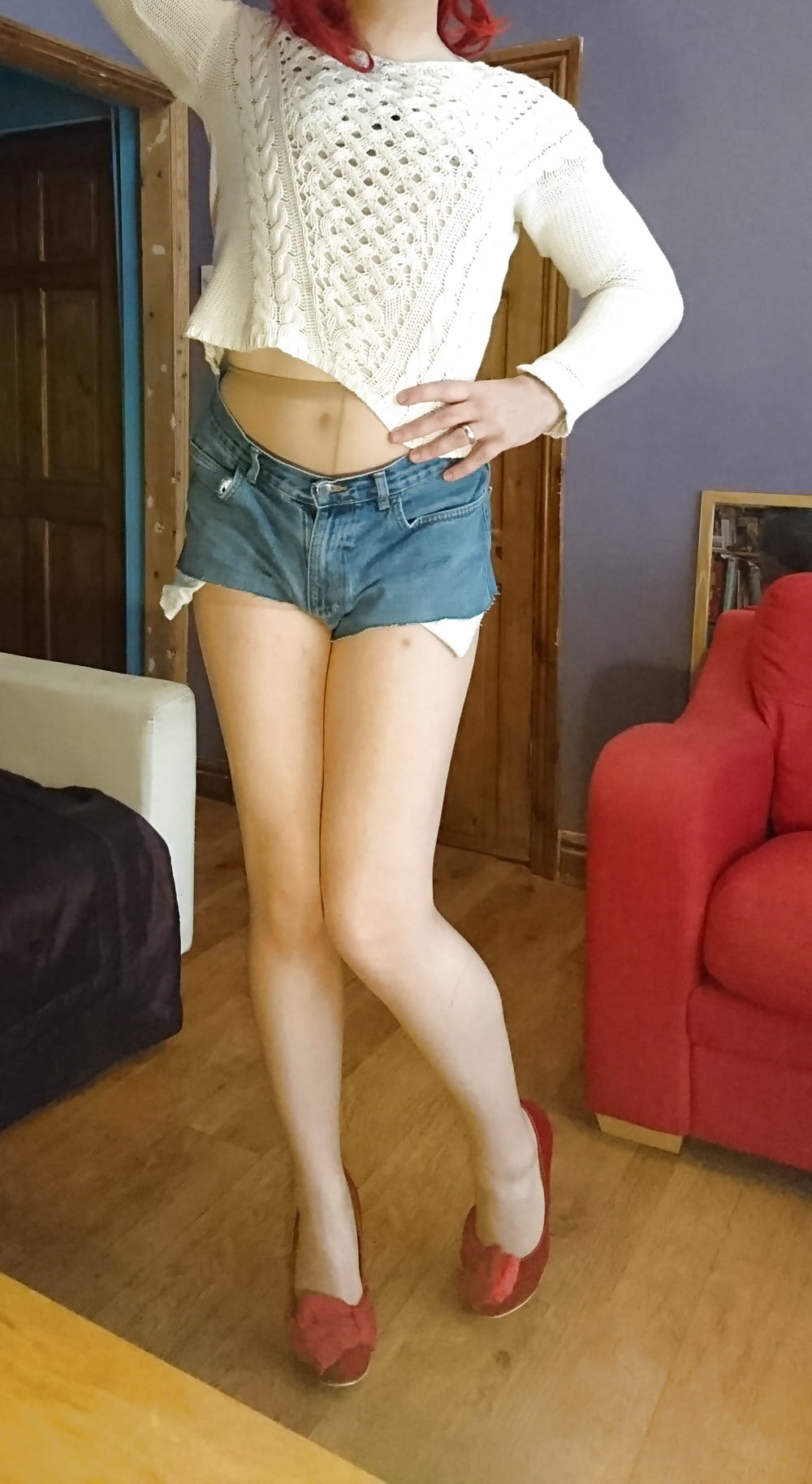 Marie crossdresser denim cut-offs and nude pantyhose #106670401