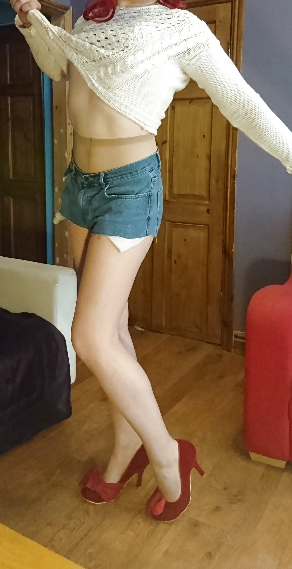 Marie crossdresser denim cut-offs and nude pantyhose #106670402