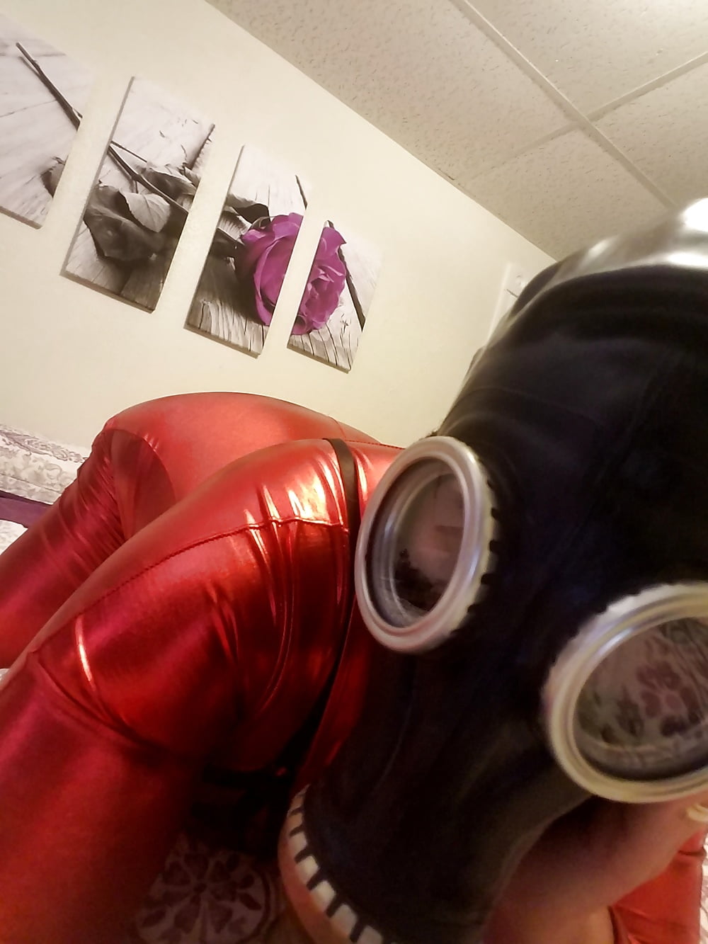 Shiny Red Catsuit, Zenati, Gas Mask, Harness, Strapon #107081206
