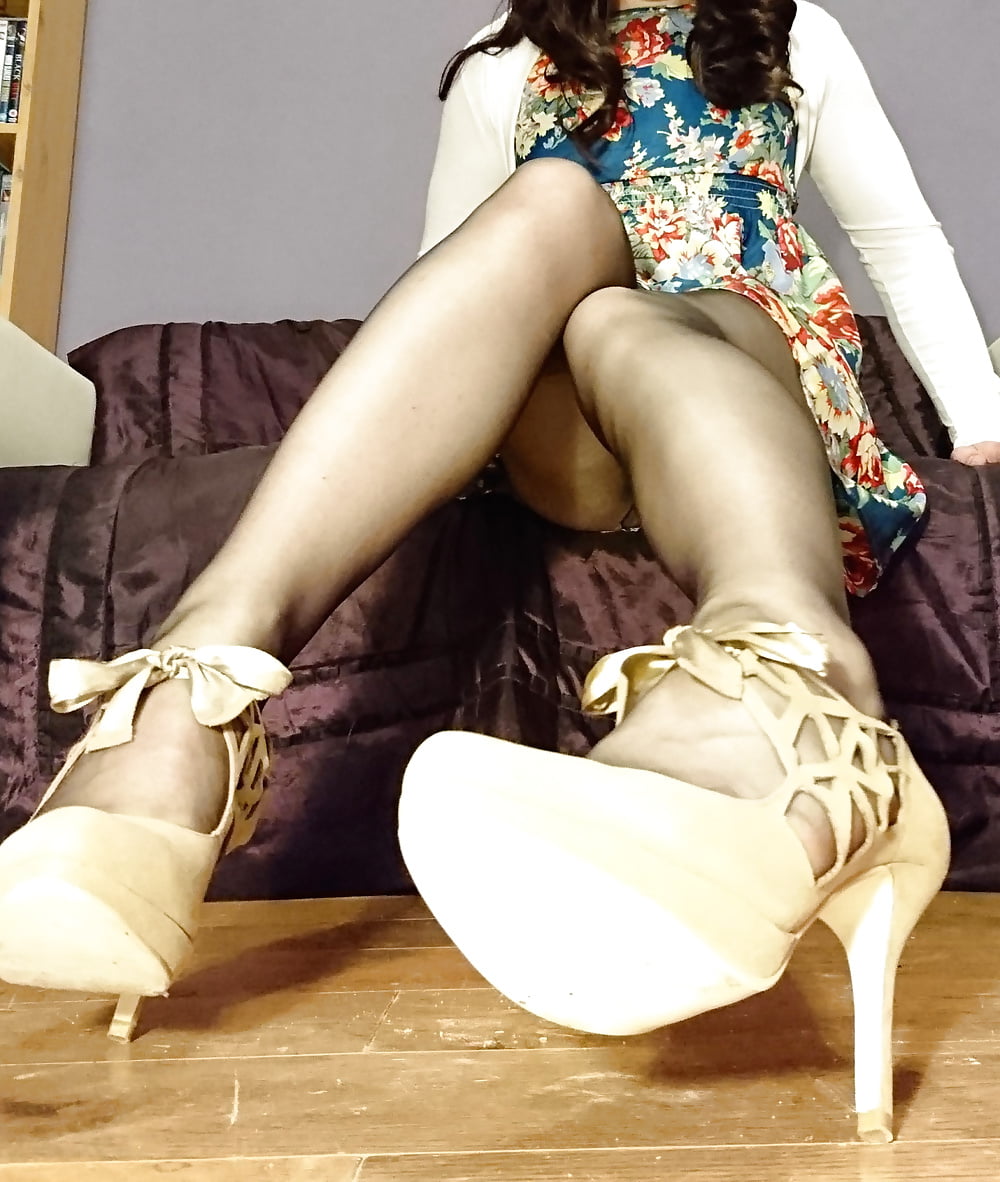 Marie crossdresser in sheer pantyhose and floral dress #106938365