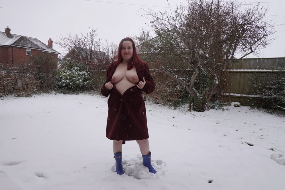 Pregnant flashing naked in the cold snow #106779923