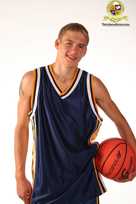 Blond teenage Latvian hunk poses in his basketball uniform #106930051