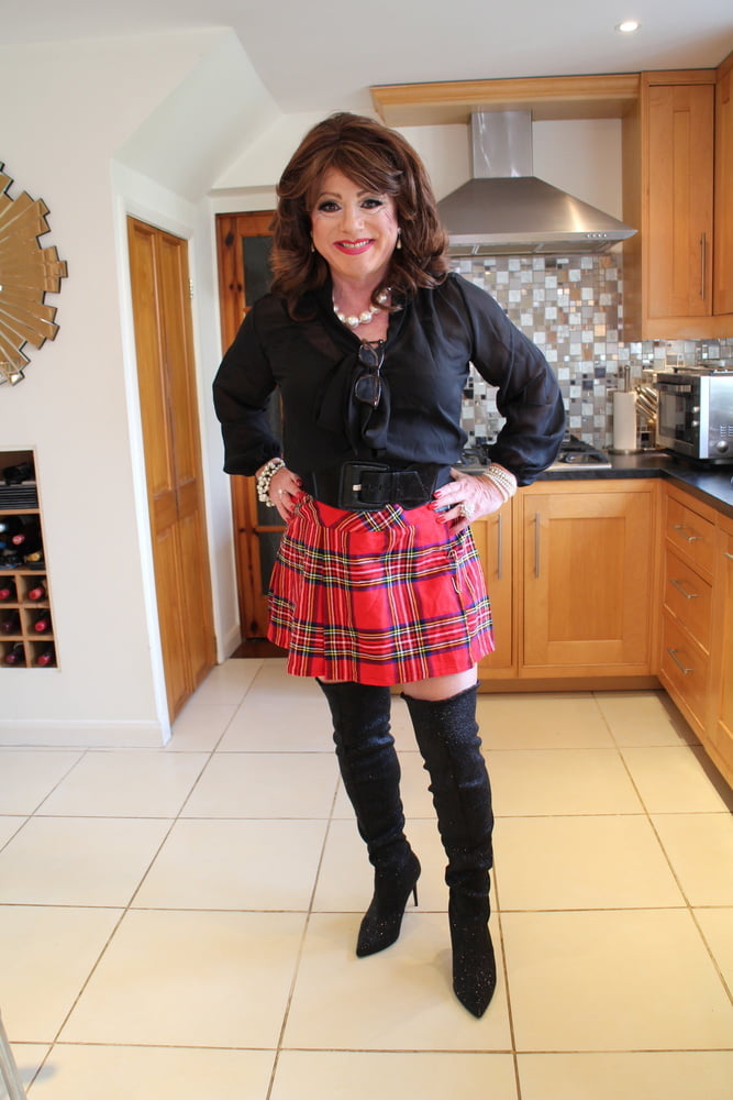 285 Black satin blouse and red mini kilt with OTK boots #98900236