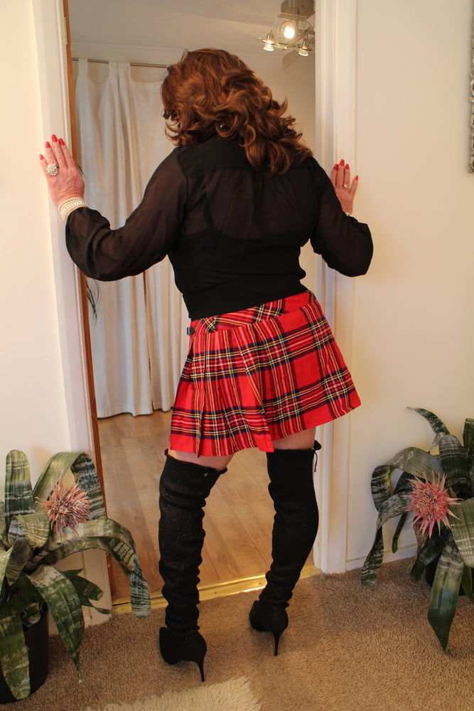 285 Black satin blouse and red mini kilt with OTK boots #98900242