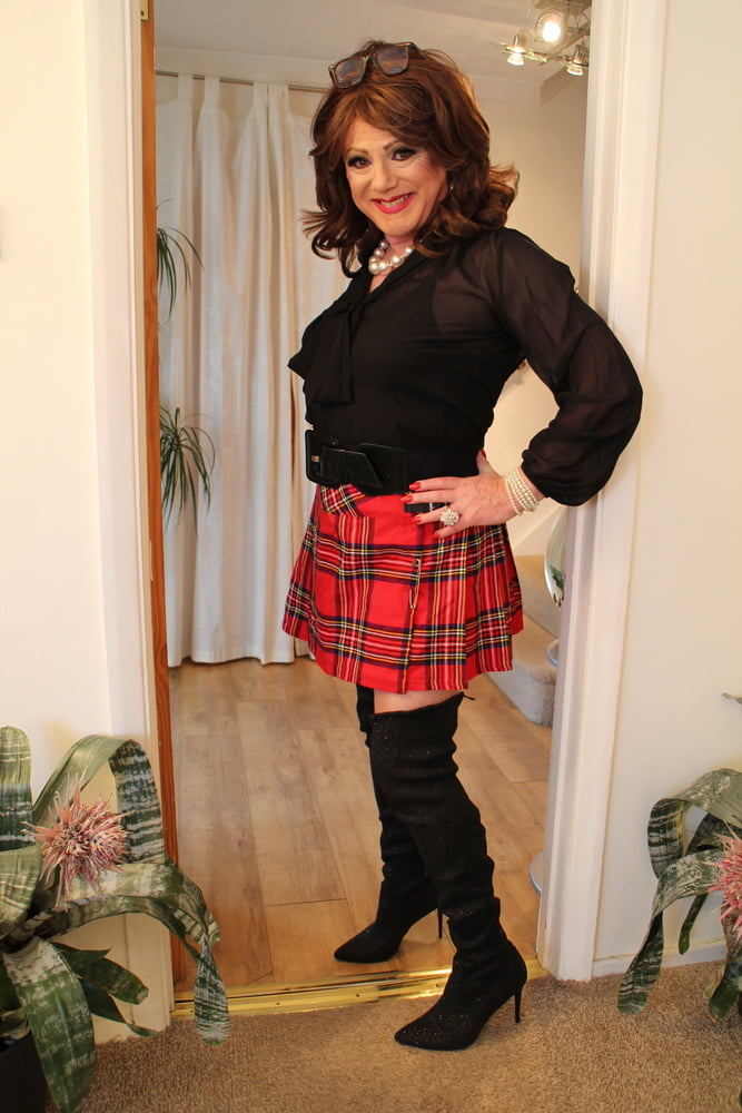 285 Black satin blouse and red mini kilt with OTK boots #98900245