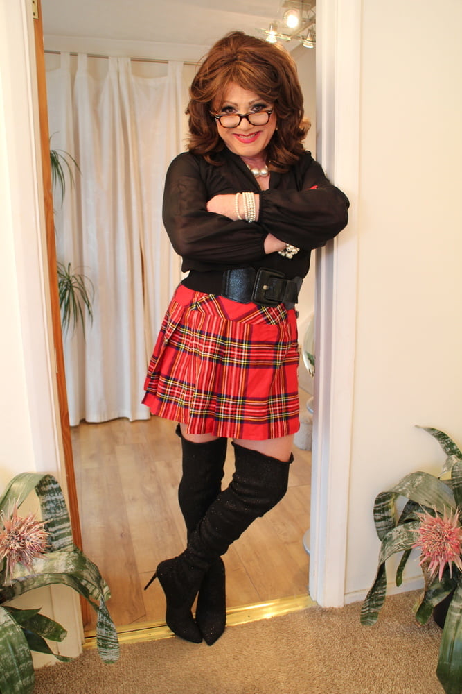 285 Black satin blouse and red mini kilt with OTK boots #98900246