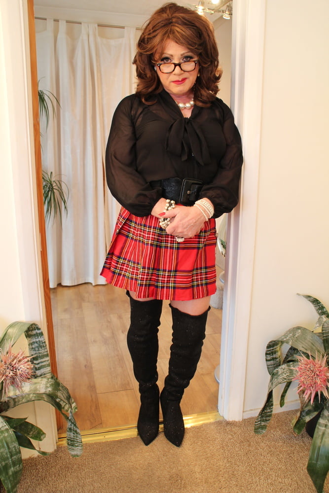 285 Black satin blouse and red mini kilt with OTK boots #98900247