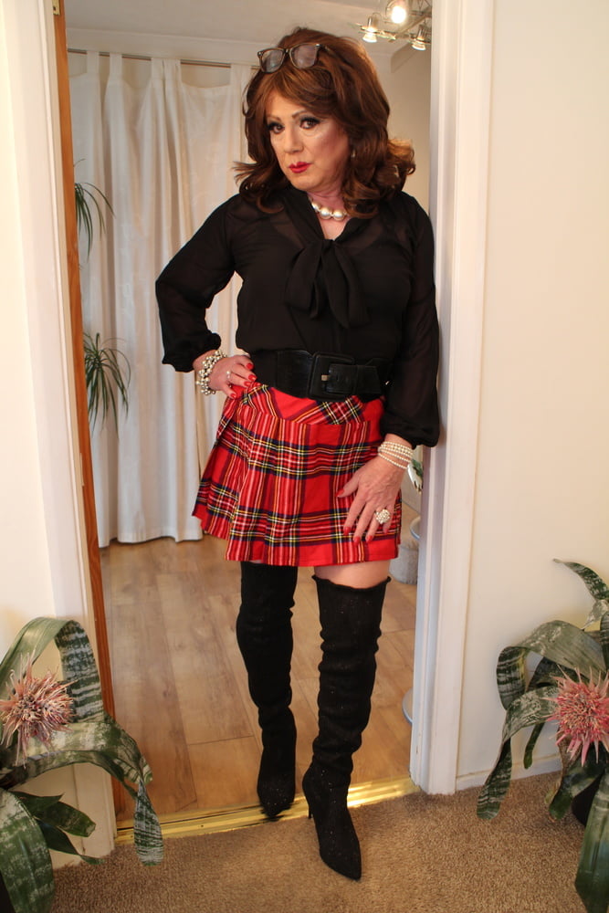 285 Black satin blouse and red mini kilt with OTK boots #98900248