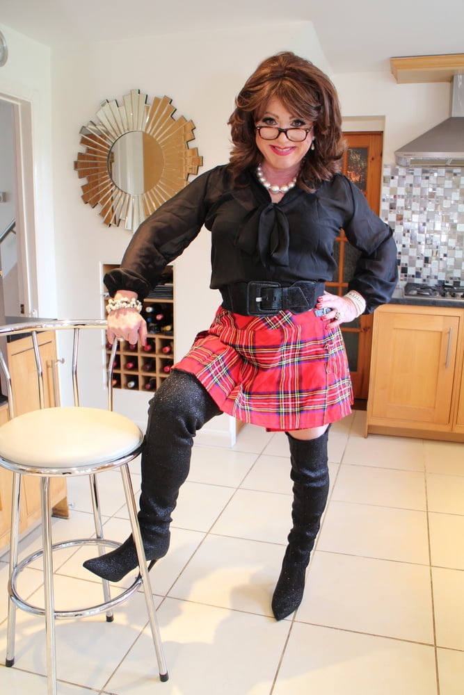 285 Black satin blouse and red mini kilt with OTK boots #98900258