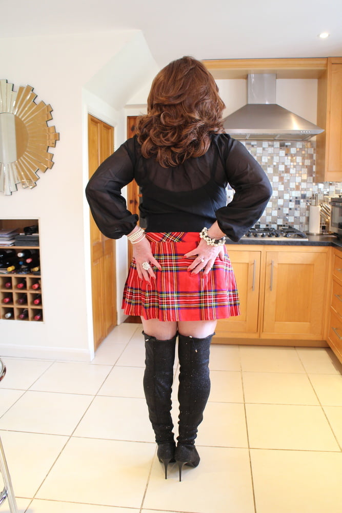 285 Black satin blouse and red mini kilt with OTK boots #98900261