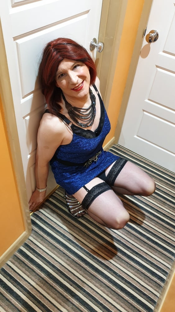 Sissy Lucy showing off in blue dress stockings and chastity #106953472