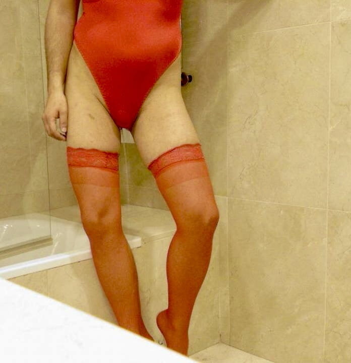 Wetting myself in my red body and stockings oops! #107002894