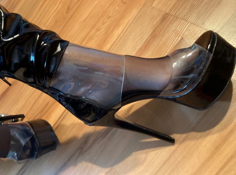 Black and Clear PVC Porn High Heel Boots #106591504