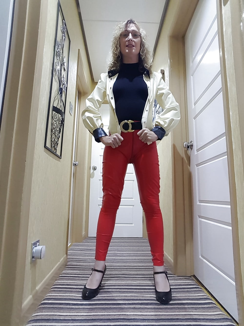 White latex jacket and red latex trousers #106935326