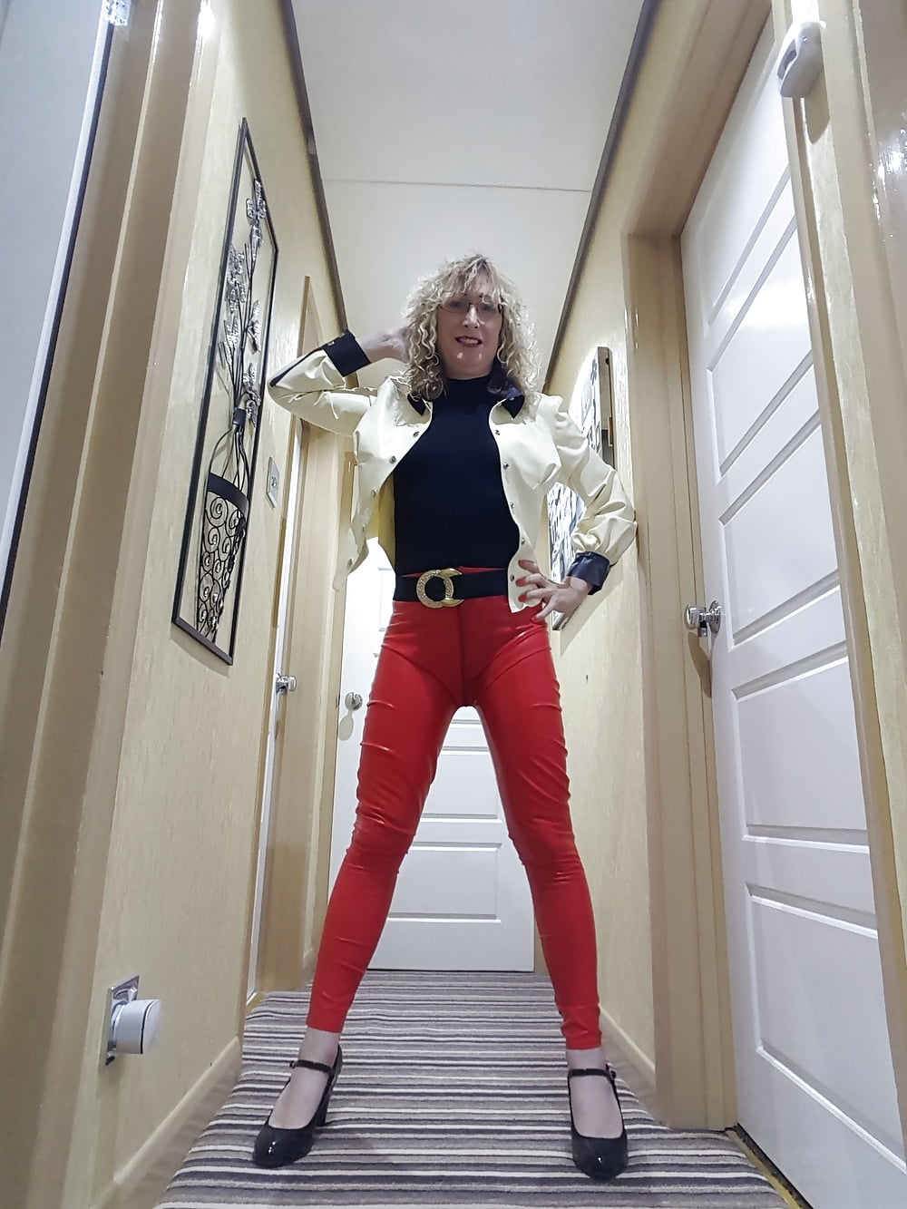 White latex jacket and red latex trousers #106935327