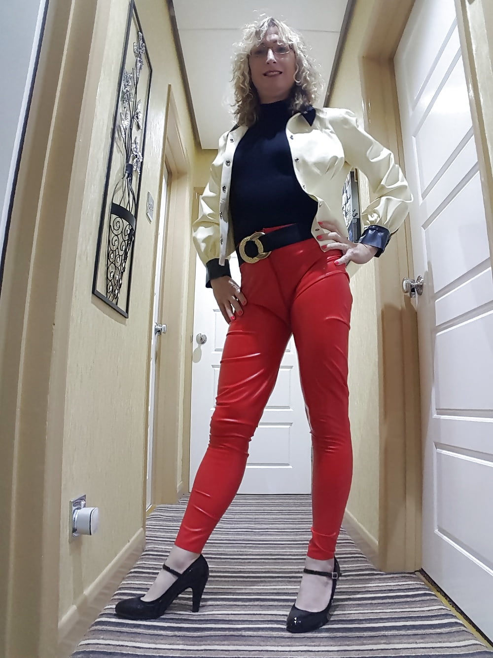 White latex jacket and red latex trousers #106935328