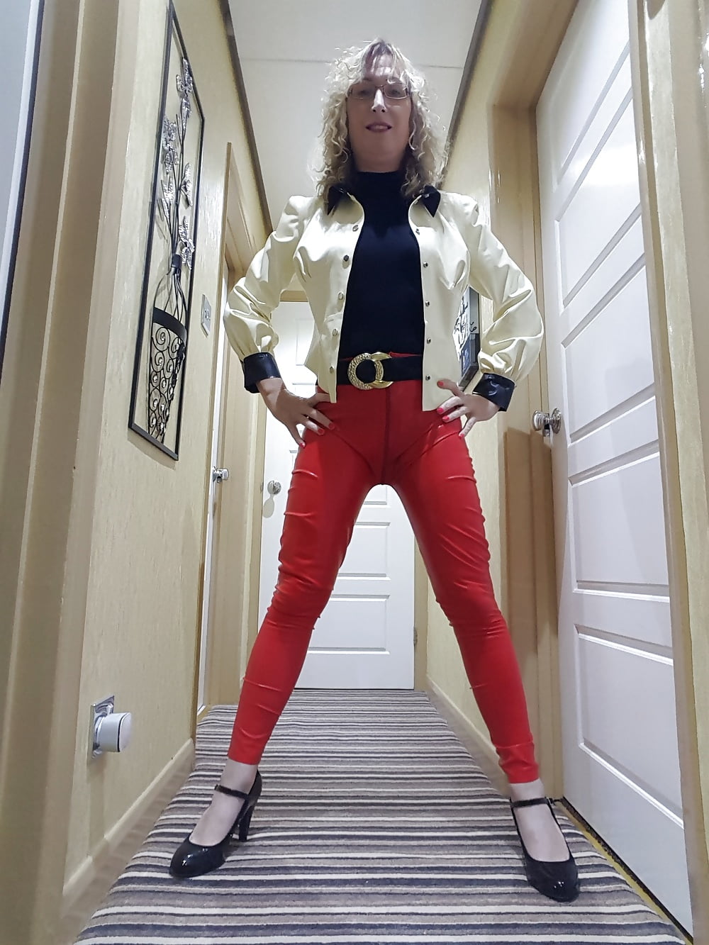 White latex jacket and red latex trousers #106935332