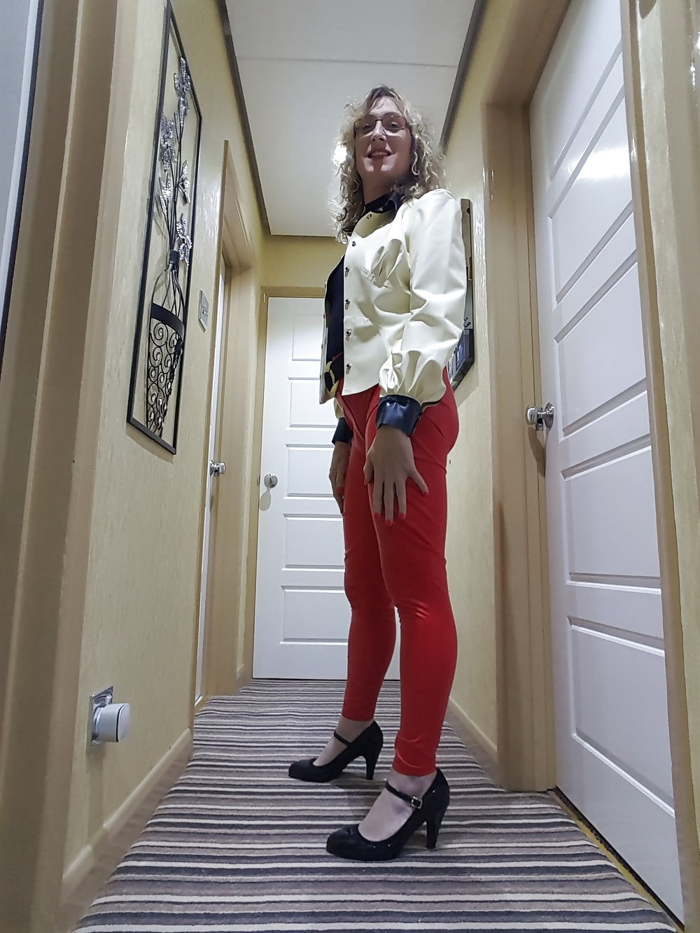 White latex jacket and red latex trousers #106935333